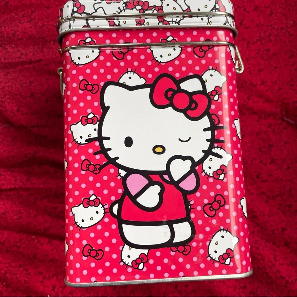 Hello Kitty Silver‎ and Red Metal Tin with hinged lid 6.5x4x4 in